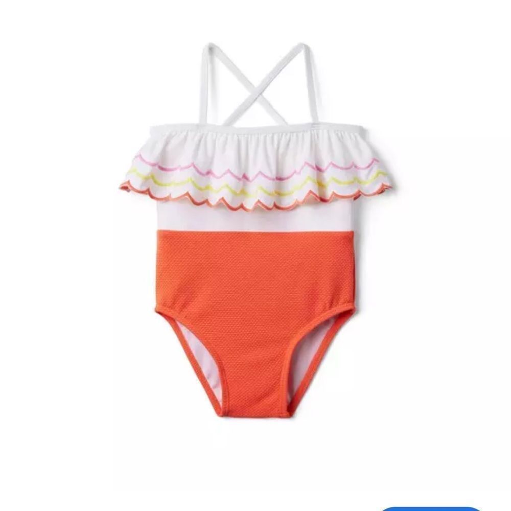 Janie and Jack ruffle embroidered top and orange contrasting bottom one piece